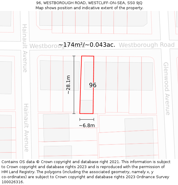 96, WESTBOROUGH ROAD, WESTCLIFF-ON-SEA, SS0 9JQ: Plot and title map