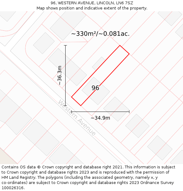 96, WESTERN AVENUE, LINCOLN, LN6 7SZ: Plot and title map