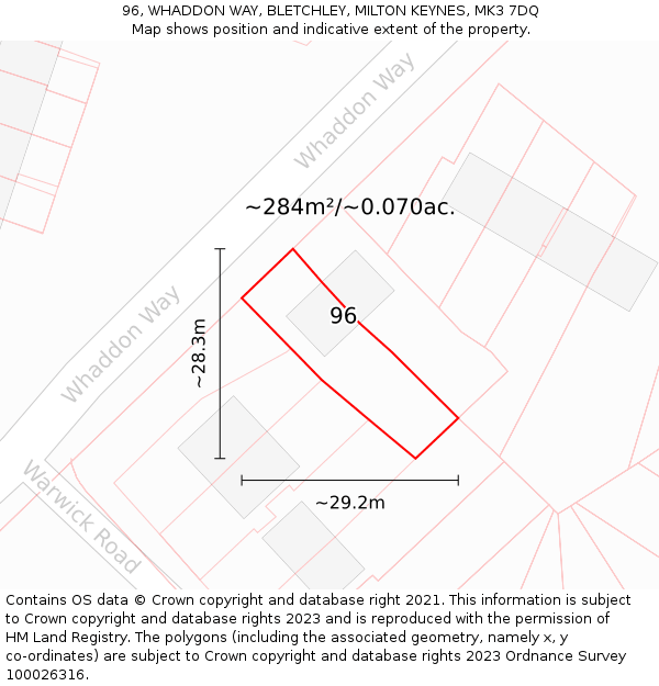 96, WHADDON WAY, BLETCHLEY, MILTON KEYNES, MK3 7DQ: Plot and title map