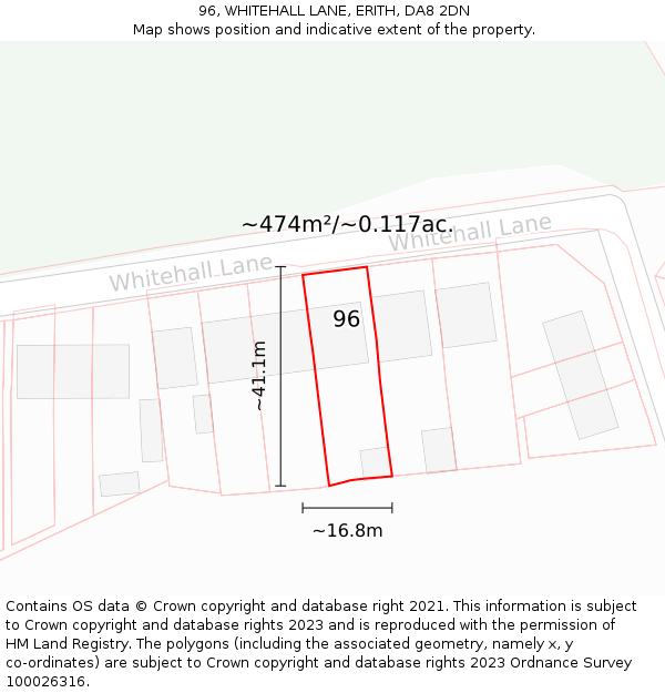 96, WHITEHALL LANE, ERITH, DA8 2DN: Plot and title map