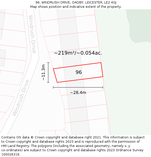 96, WINDRUSH DRIVE, OADBY, LEICESTER, LE2 4GJ: Plot and title map