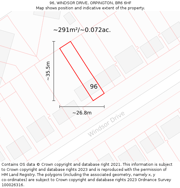 96, WINDSOR DRIVE, ORPINGTON, BR6 6HF: Plot and title map