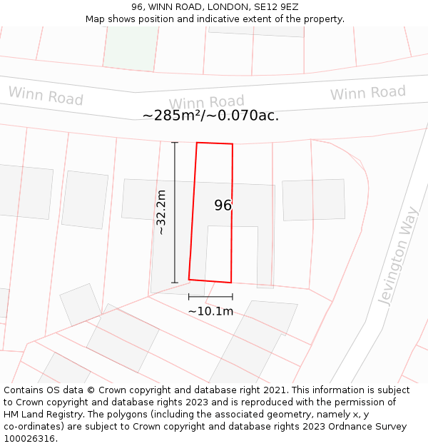 96, WINN ROAD, LONDON, SE12 9EZ: Plot and title map