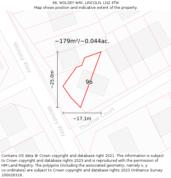 96, WOLSEY WAY, LINCOLN, LN2 4TW: Plot and title map