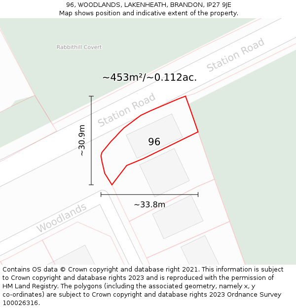 96, WOODLANDS, LAKENHEATH, BRANDON, IP27 9JE: Plot and title map