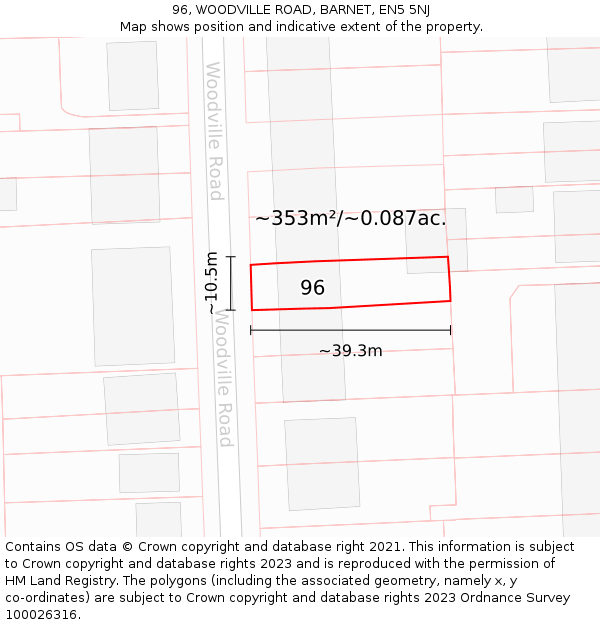 96, WOODVILLE ROAD, BARNET, EN5 5NJ: Plot and title map