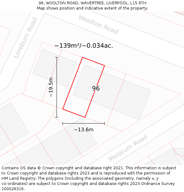 96, WOOLTON ROAD, WAVERTREE, LIVERPOOL, L15 6TH: Plot and title map