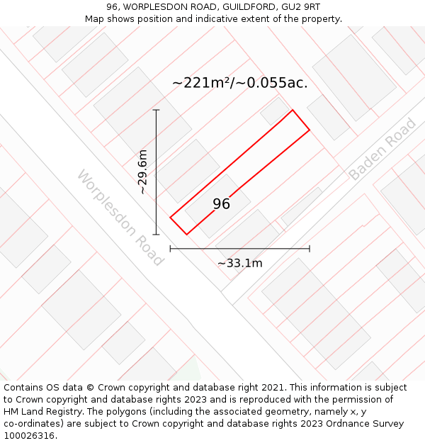 96, WORPLESDON ROAD, GUILDFORD, GU2 9RT: Plot and title map