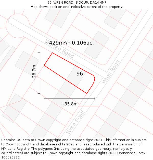 96, WREN ROAD, SIDCUP, DA14 4NF: Plot and title map