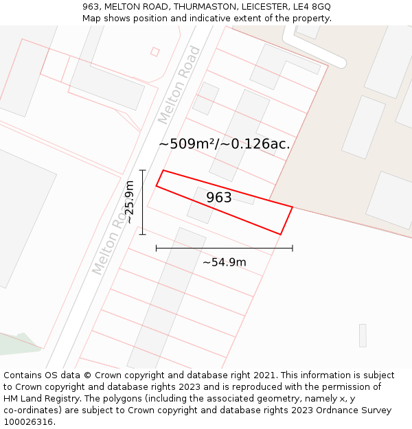 963, MELTON ROAD, THURMASTON, LEICESTER, LE4 8GQ: Plot and title map