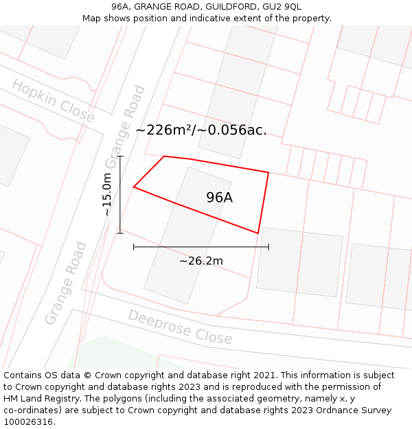 96A, GRANGE ROAD, GUILDFORD, GU2 9QL: Plot and title map