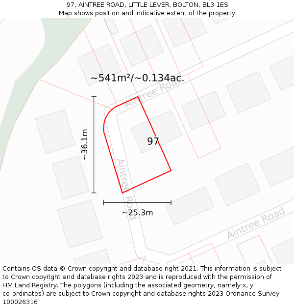 97, AINTREE ROAD, LITTLE LEVER, BOLTON, BL3 1ES: Plot and title map