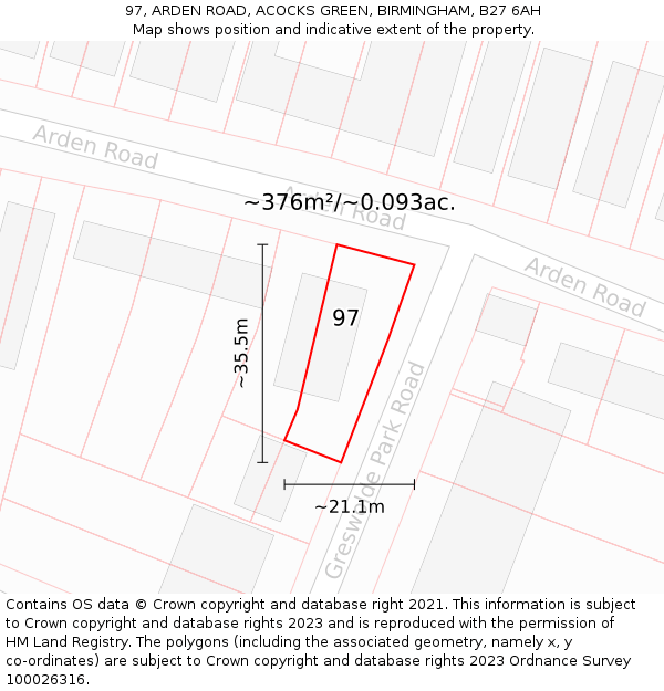97, ARDEN ROAD, ACOCKS GREEN, BIRMINGHAM, B27 6AH: Plot and title map