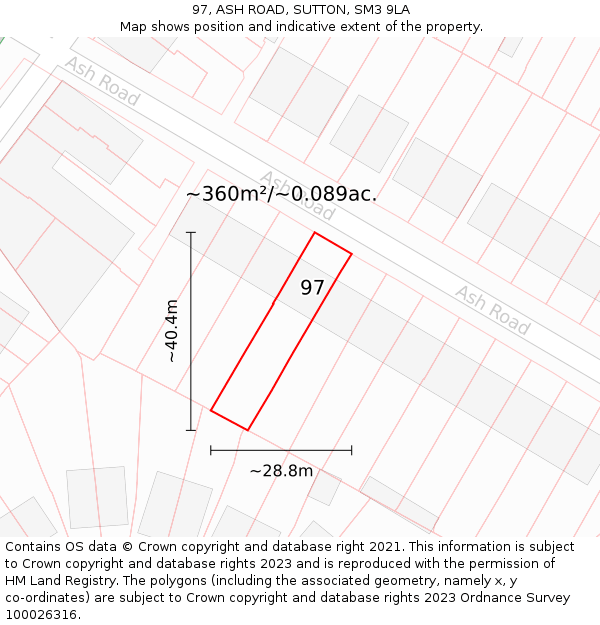 97, ASH ROAD, SUTTON, SM3 9LA: Plot and title map