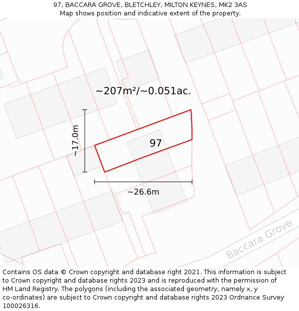 97, BACCARA GROVE, BLETCHLEY, MILTON KEYNES, MK2 3AS: Plot and title map