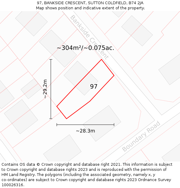97, BANKSIDE CRESCENT, SUTTON COLDFIELD, B74 2JA: Plot and title map