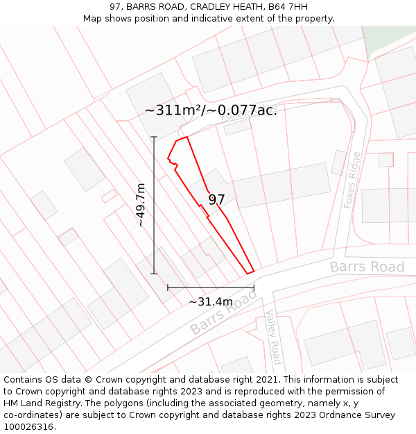 97, BARRS ROAD, CRADLEY HEATH, B64 7HH: Plot and title map
