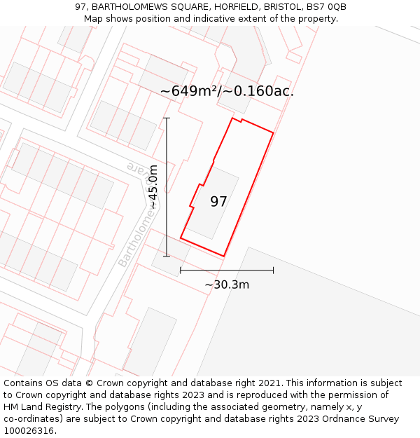 97, BARTHOLOMEWS SQUARE, HORFIELD, BRISTOL, BS7 0QB: Plot and title map