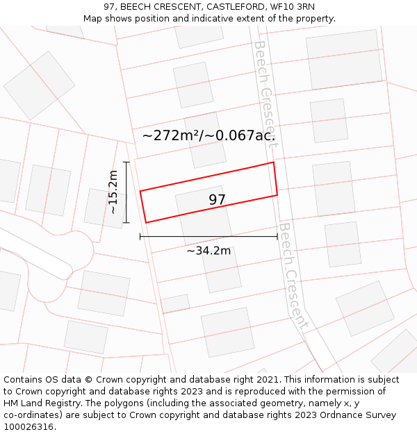 97, BEECH CRESCENT, CASTLEFORD, WF10 3RN: Plot and title map