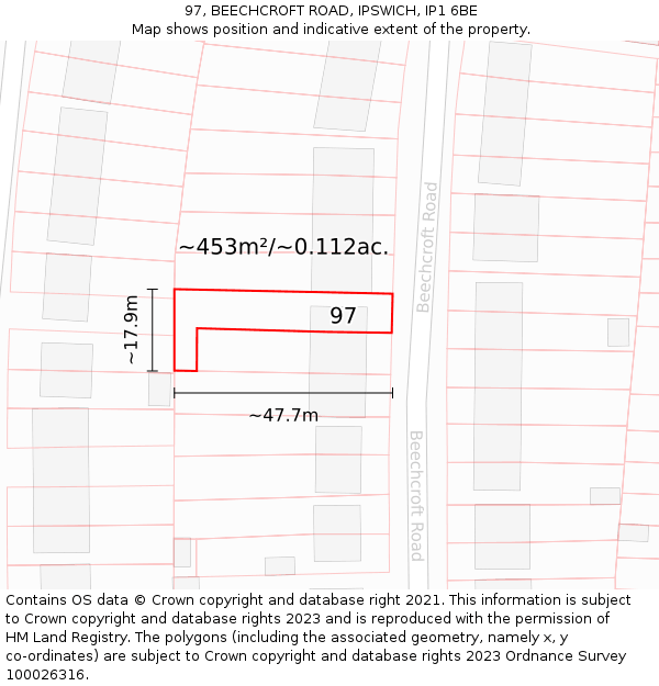 97, BEECHCROFT ROAD, IPSWICH, IP1 6BE: Plot and title map