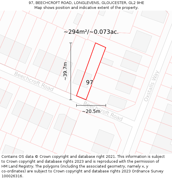 97, BEECHCROFT ROAD, LONGLEVENS, GLOUCESTER, GL2 9HE: Plot and title map