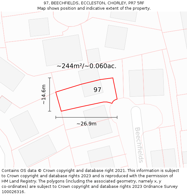 97, BEECHFIELDS, ECCLESTON, CHORLEY, PR7 5RF: Plot and title map
