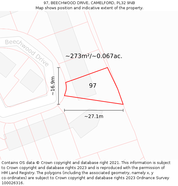 97, BEECHWOOD DRIVE, CAMELFORD, PL32 9NB: Plot and title map