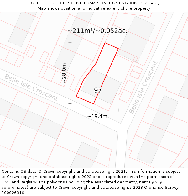 97, BELLE ISLE CRESCENT, BRAMPTON, HUNTINGDON, PE28 4SQ: Plot and title map