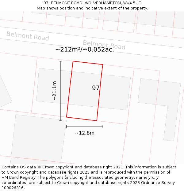 97, BELMONT ROAD, WOLVERHAMPTON, WV4 5UE: Plot and title map