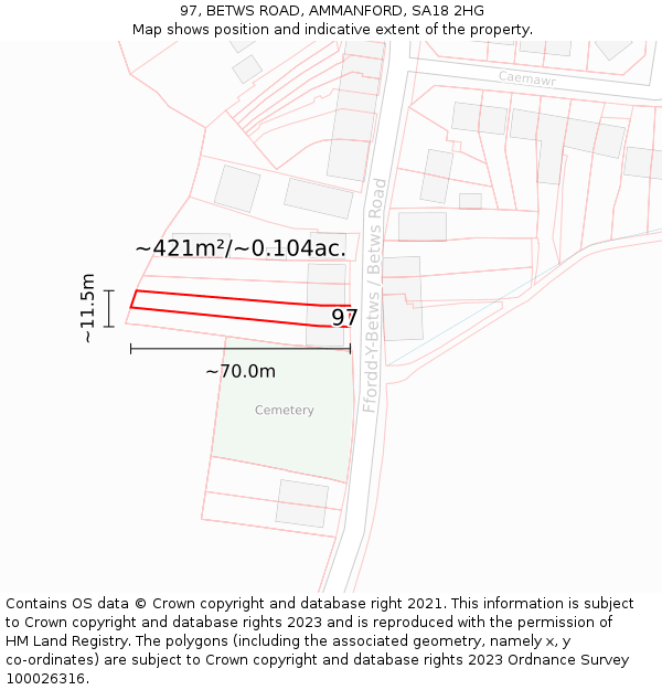 97, BETWS ROAD, AMMANFORD, SA18 2HG: Plot and title map