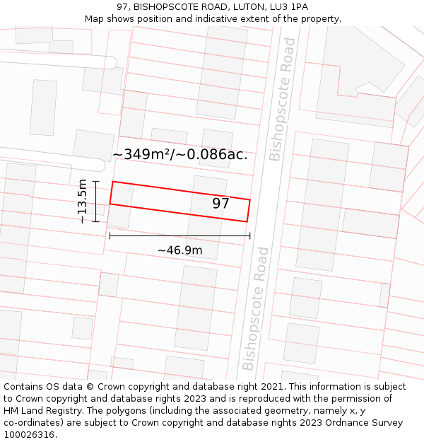 97, BISHOPSCOTE ROAD, LUTON, LU3 1PA: Plot and title map