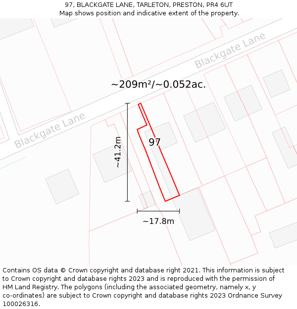 97, BLACKGATE LANE, TARLETON, PRESTON, PR4 6UT: Plot and title map