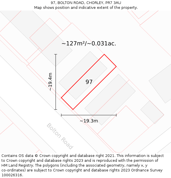97, BOLTON ROAD, CHORLEY, PR7 3AU: Plot and title map