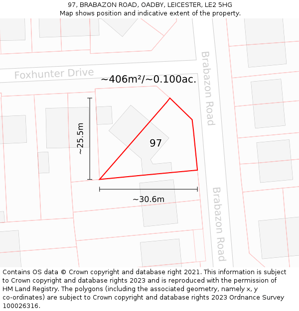 97, BRABAZON ROAD, OADBY, LEICESTER, LE2 5HG: Plot and title map