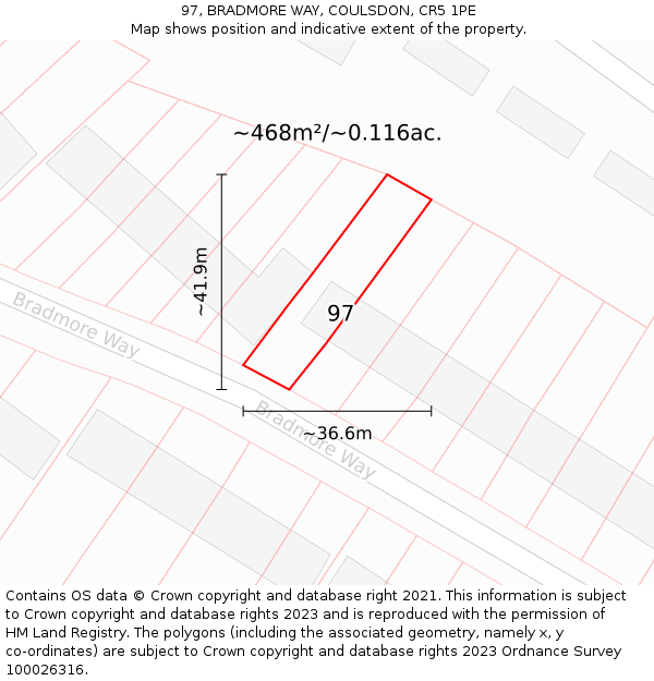97, BRADMORE WAY, COULSDON, CR5 1PE: Plot and title map