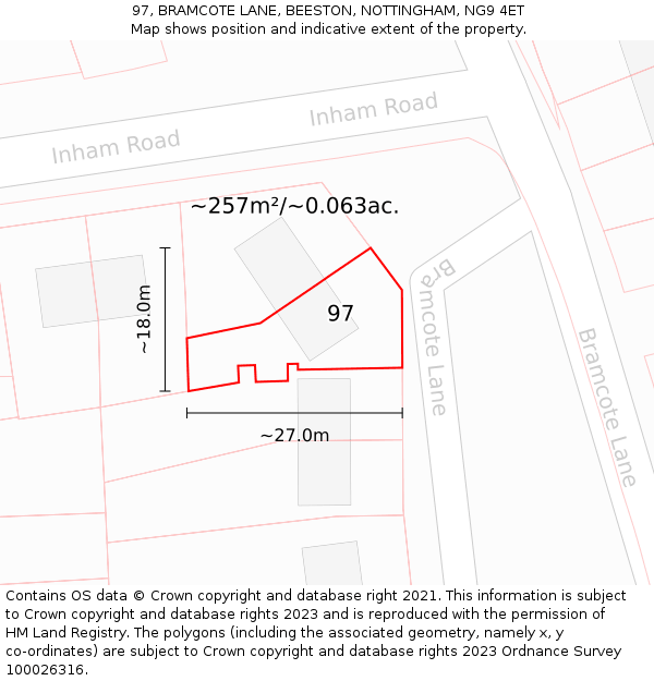 97, BRAMCOTE LANE, BEESTON, NOTTINGHAM, NG9 4ET: Plot and title map