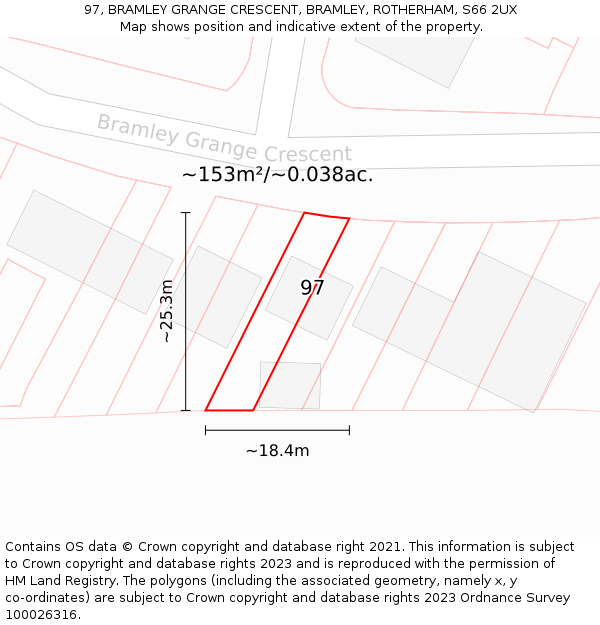97, BRAMLEY GRANGE CRESCENT, BRAMLEY, ROTHERHAM, S66 2UX: Plot and title map