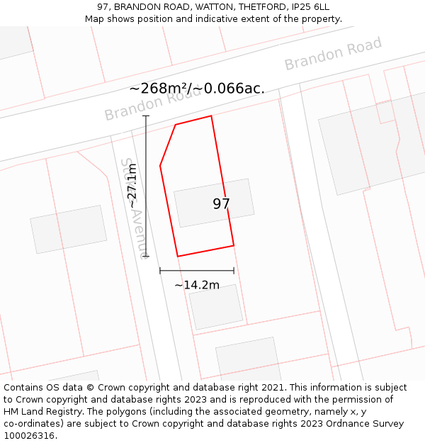97, BRANDON ROAD, WATTON, THETFORD, IP25 6LL: Plot and title map