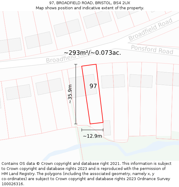 97, BROADFIELD ROAD, BRISTOL, BS4 2UX: Plot and title map
