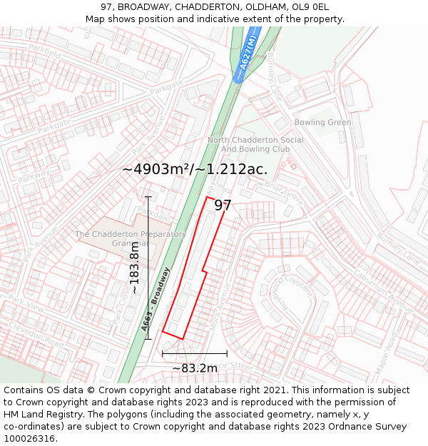 97, BROADWAY, CHADDERTON, OLDHAM, OL9 0EL: Plot and title map