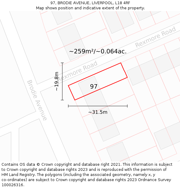 97, BRODIE AVENUE, LIVERPOOL, L18 4RF: Plot and title map