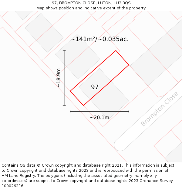 97, BROMPTON CLOSE, LUTON, LU3 3QS: Plot and title map