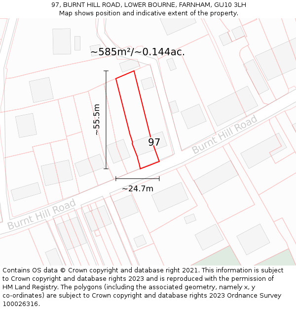 97, BURNT HILL ROAD, LOWER BOURNE, FARNHAM, GU10 3LH: Plot and title map