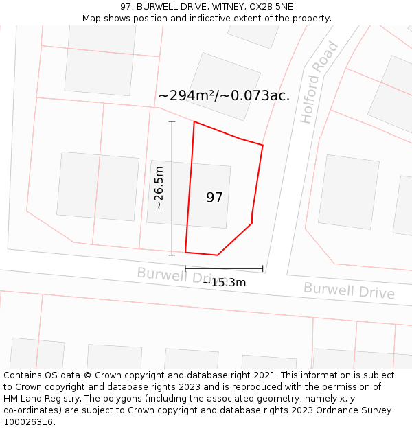 97, BURWELL DRIVE, WITNEY, OX28 5NE: Plot and title map