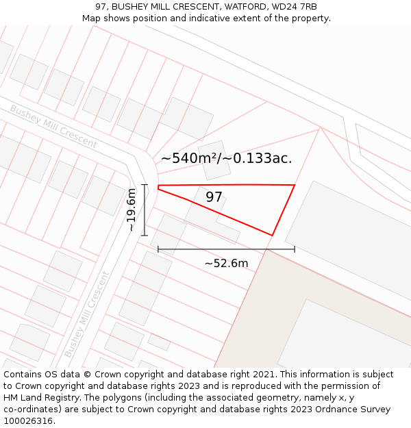 97, BUSHEY MILL CRESCENT, WATFORD, WD24 7RB: Plot and title map