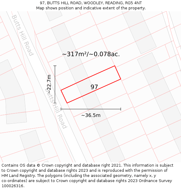 97, BUTTS HILL ROAD, WOODLEY, READING, RG5 4NT: Plot and title map
