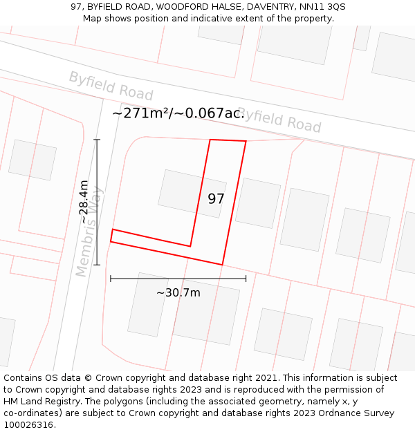 97, BYFIELD ROAD, WOODFORD HALSE, DAVENTRY, NN11 3QS: Plot and title map