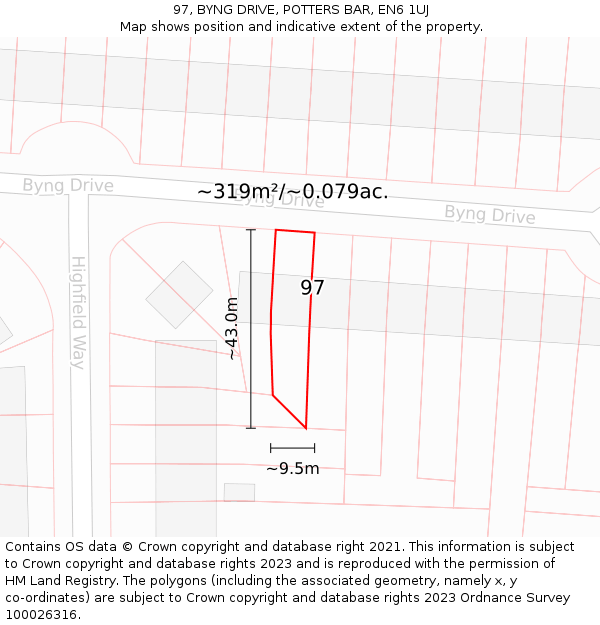97, BYNG DRIVE, POTTERS BAR, EN6 1UJ: Plot and title map