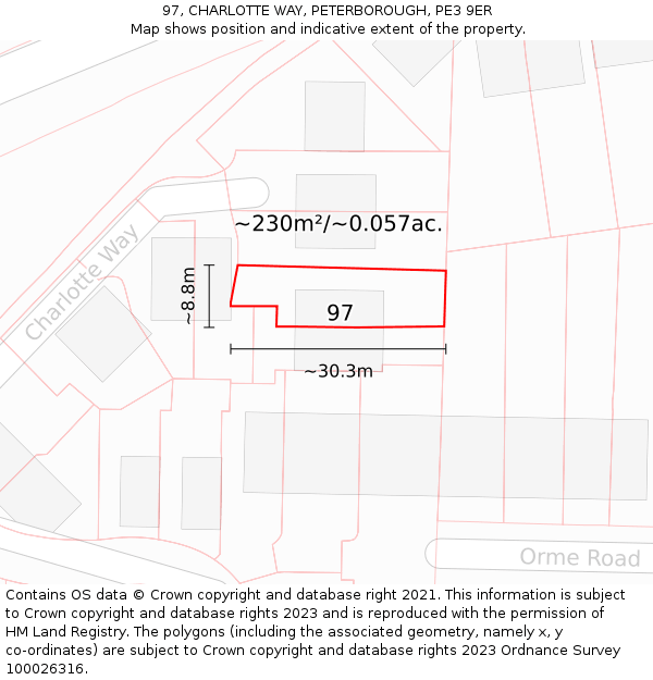 97, CHARLOTTE WAY, PETERBOROUGH, PE3 9ER: Plot and title map