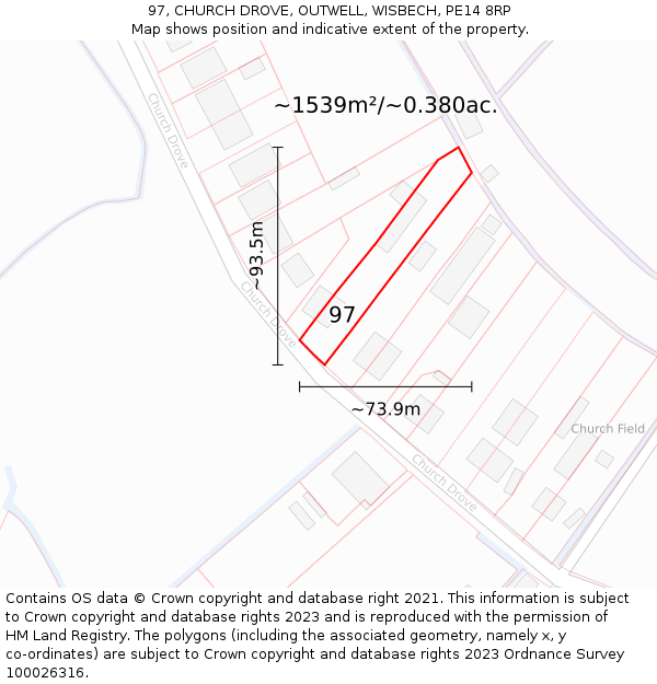 97, CHURCH DROVE, OUTWELL, WISBECH, PE14 8RP: Plot and title map